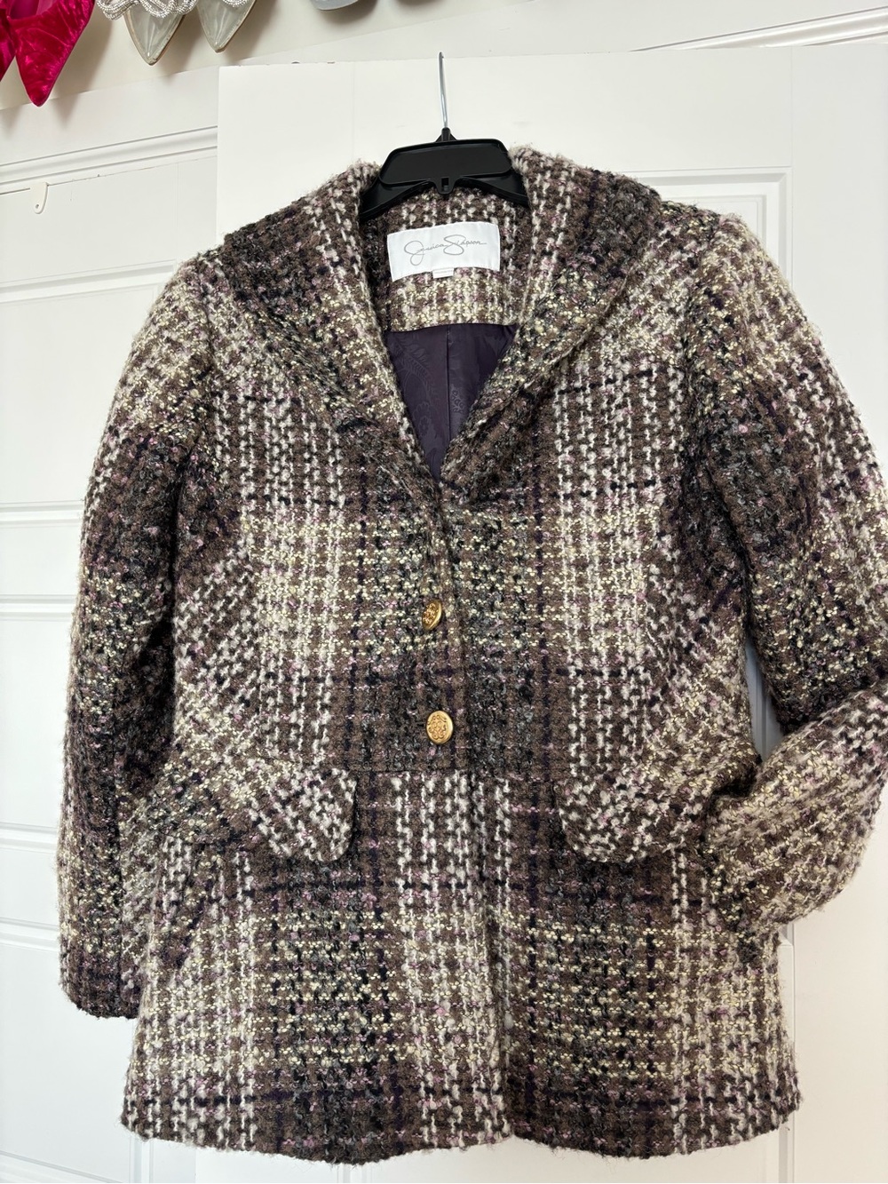 Jessica Simpson Plaid Bouclé Pea Coat in Brown, Cream, Purple